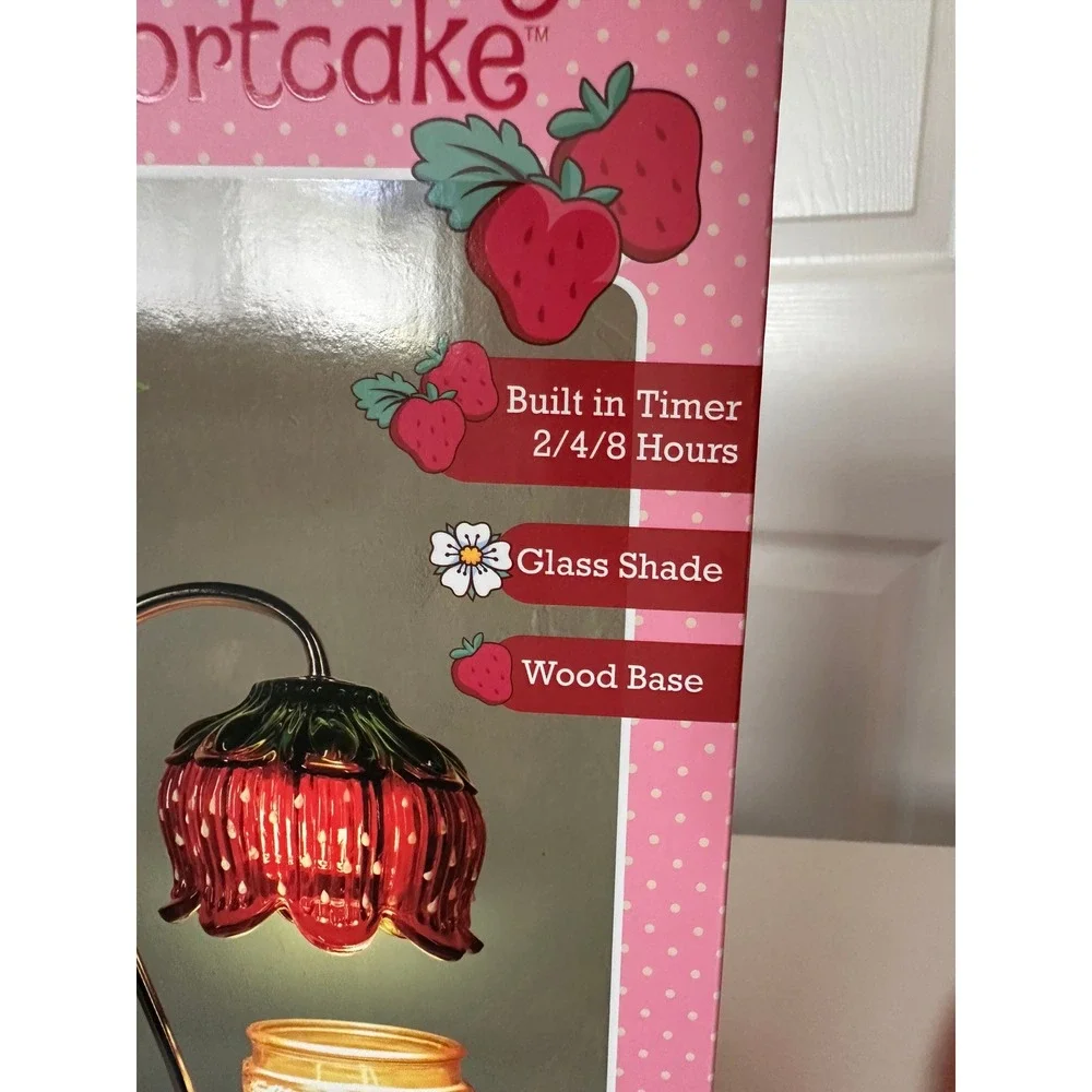 Strawberry Shortcake Candle Warmer Lamp Red Pink New Glass Shade Wood Base Timer